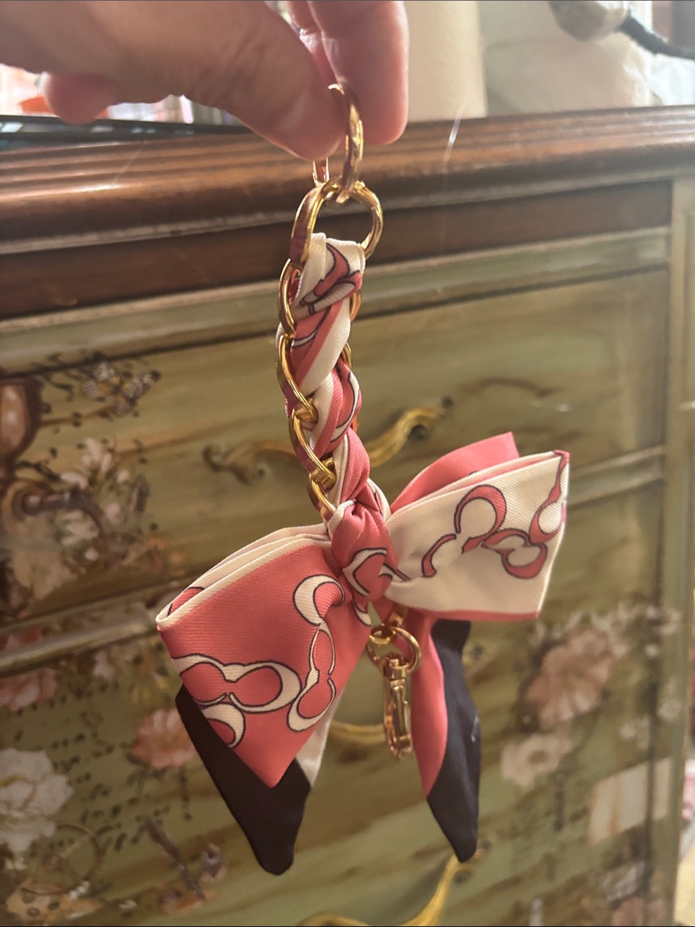 Pink and Cream Bow purse extender Scarf Keychain with Gold Chain